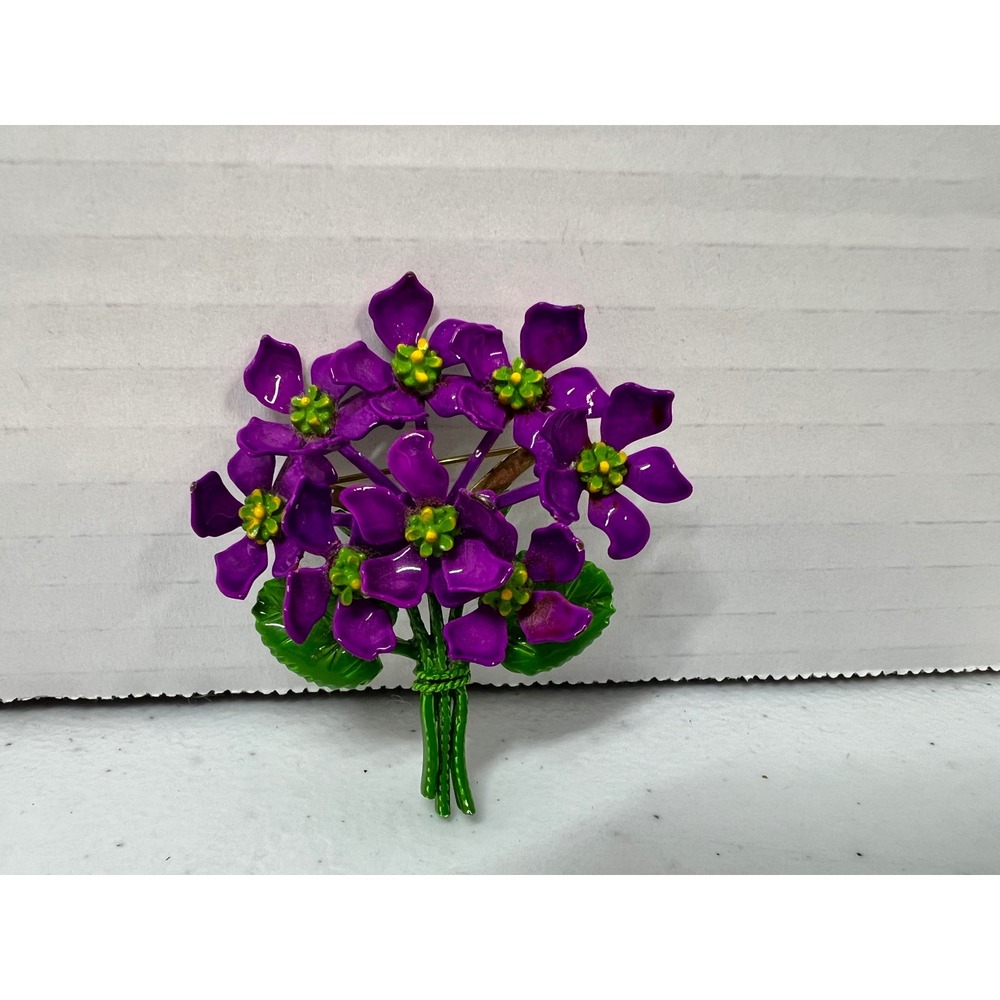 Vintage Purple Enamel Flower Bouquet Brooch Violets Green Leaves Gold Tone Pin